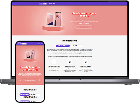 “Nu Mobile website interface displayed on laptop and mobile device showing the ‘Ready to return your phone?’ subscription and upgrade workflow.”