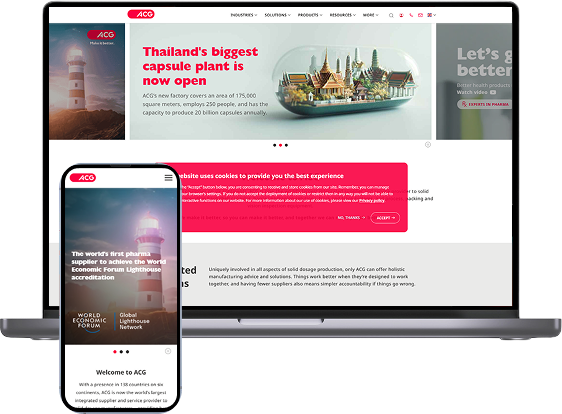 ACG digital platform shown across devices, emphasizing capsule solutions, pharma packaging expertise, and global production facilities.