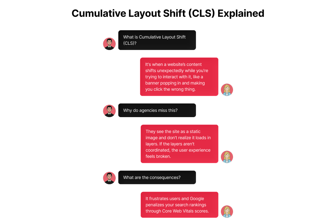 Chat-style graphic explaining Cumulative Layout Shift (CLS), showing how unexpected layout changes harm website performance, UX, and SEO