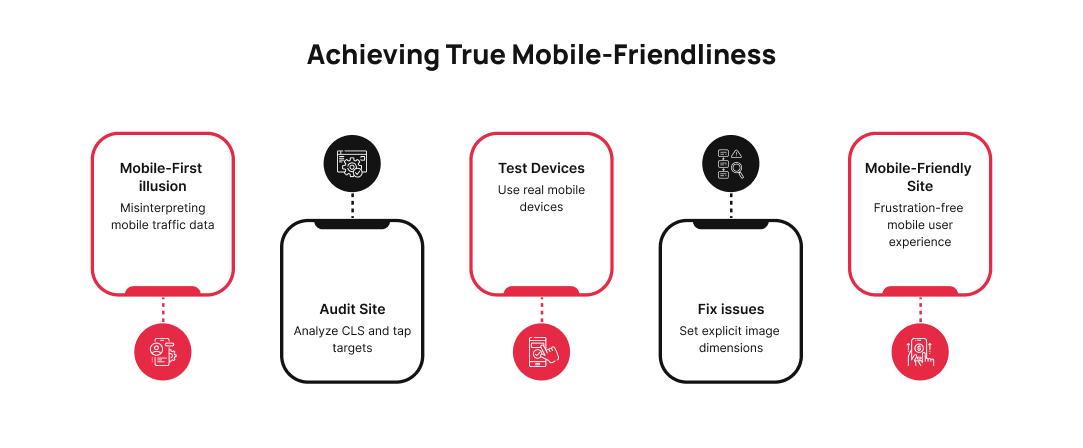 Diagram showing steps to achieve mobile-friendly website design including auditing site issues, testing on real devices, fixing layout problems, and improving mobile user experience