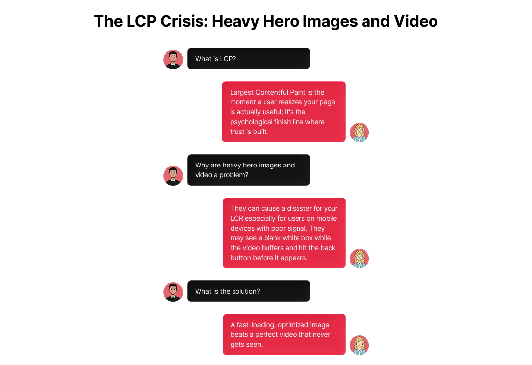Chat-style graphic explaining Largest Contentful Paint (LCP) issues from heavy hero images and video, slowing website performance and SEO