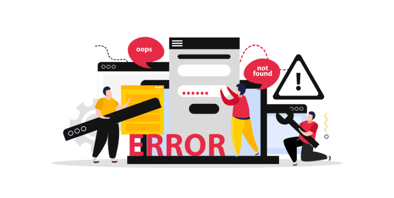 Illustration of developers fixing a website with "ERROR" and "Not Found" messages, highlighting the need for a website and technical SEO audit to fix performance issues.