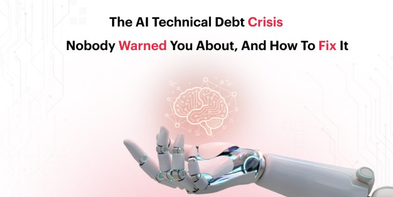Robotic hand holding a glowing AI brain — illustrating the AI technical debt crisis in enterprise software development