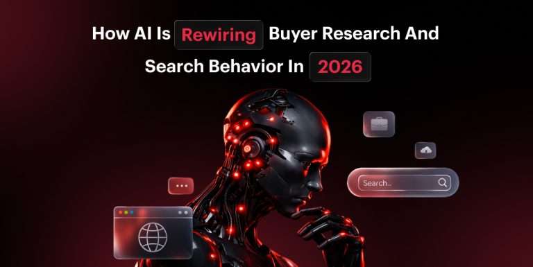 AI robot in deep thought surrounded by search and web interface icons, illustrating how AI is rewiring buyer research and search behavior in 2026