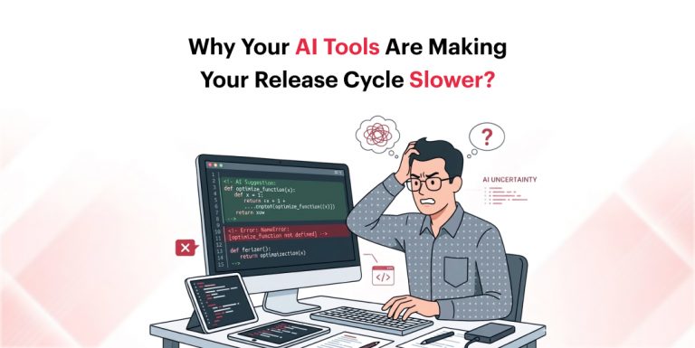 Developer reviewing AI-generated code errors on screen, LN Webworks blog on why AI tools slow release cycles