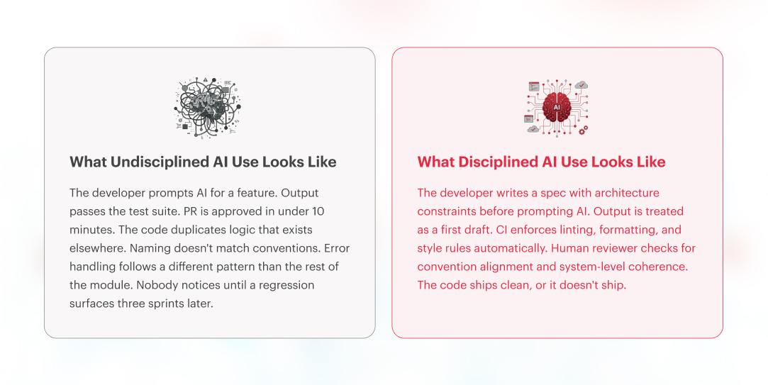 "Comparison of undisciplined vs disciplined AI use in development, unreviewed output vs spec-driven, CI-enforced workflow