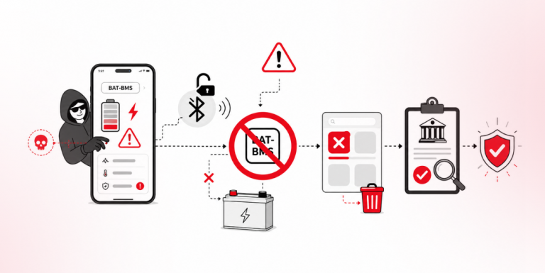 LN Webworks illustration of the BAT-BMS Bluetooth exploit, app ban, and access-control review process