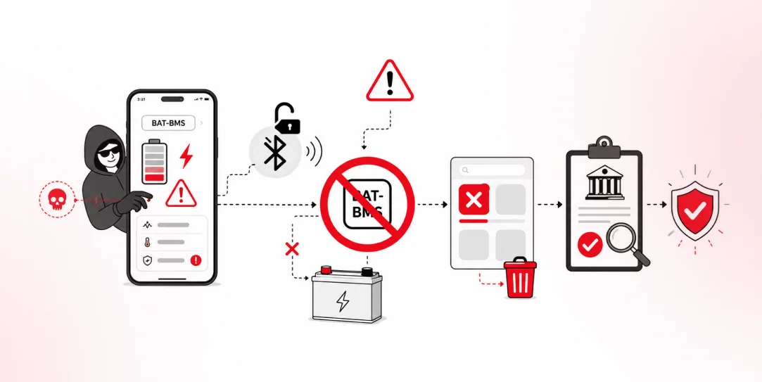 LN Webworks illustration of the BAT-BMS Bluetooth exploit, app ban, and access-control review process