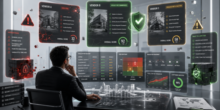 Platform modernization vendor comparison dashboard showing migration roadmap, security compliance, customer success metrics, and overall vendor evaluation.