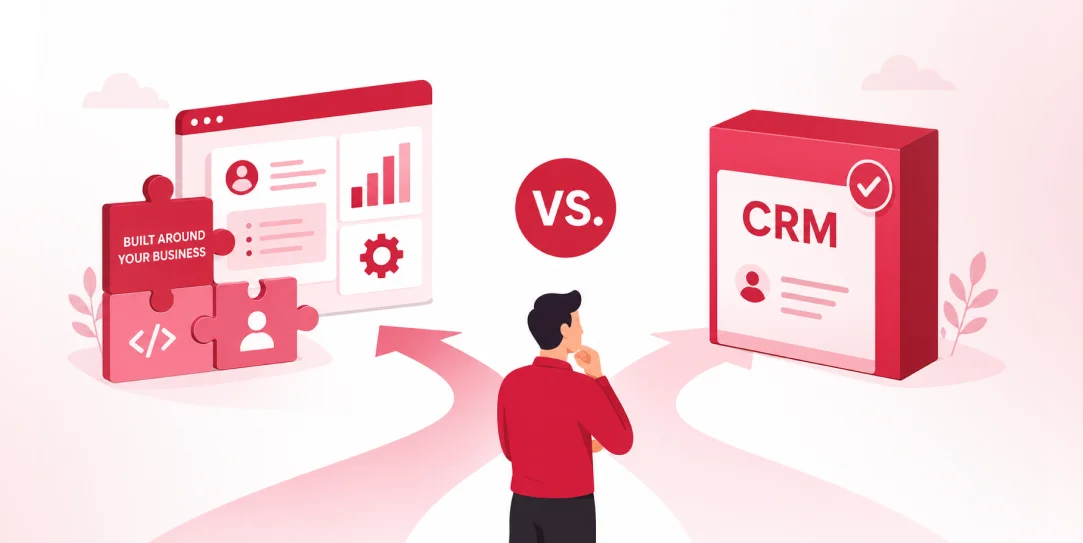 Illustration comparing a custom CRM and an off-the-shelf CRM, showing a business professional choosing between a tailored CRM solution and a packaged CRM software.