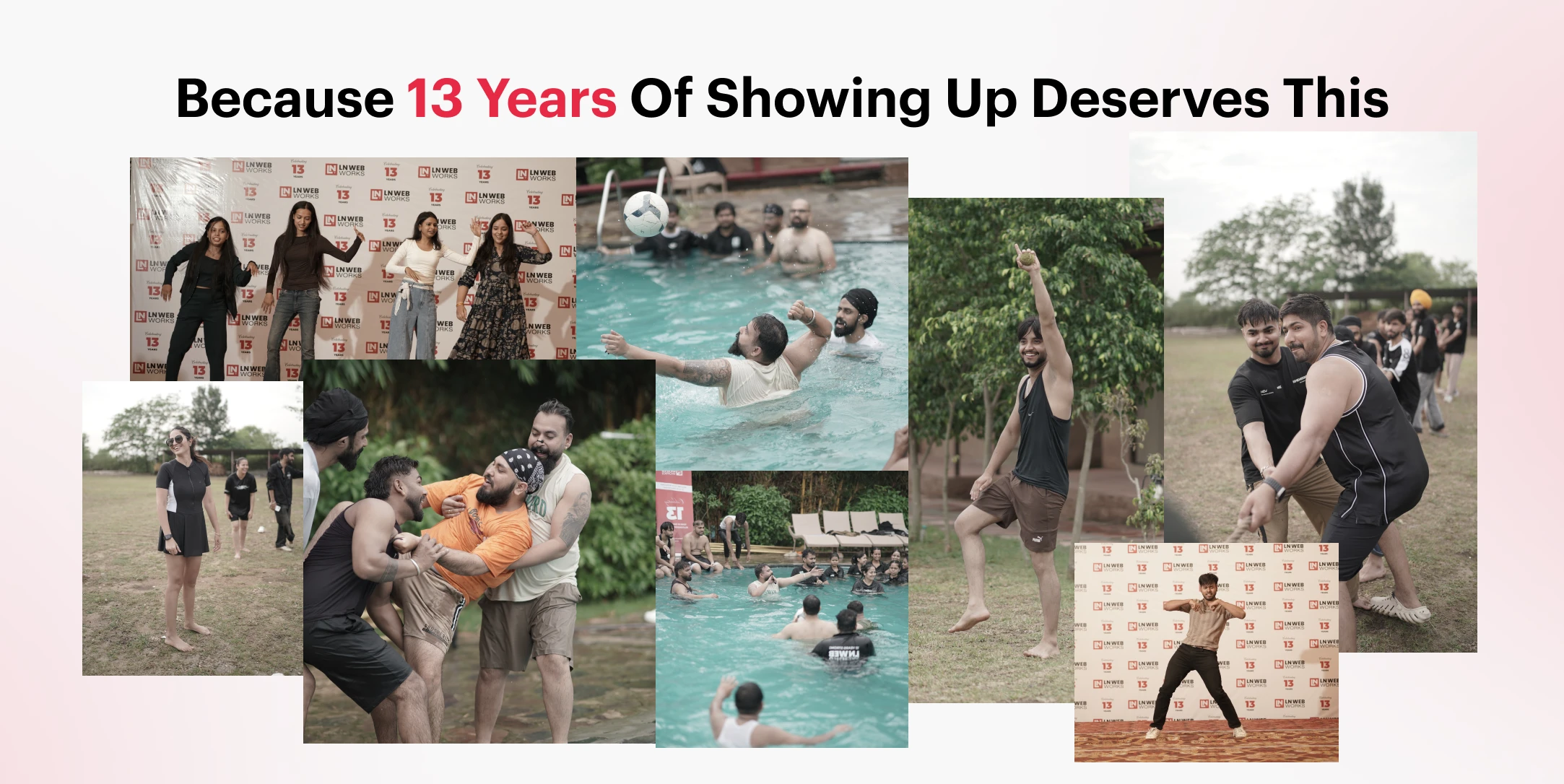 LN Webworks team celebrating at pool and outdoor activities during the anniversary