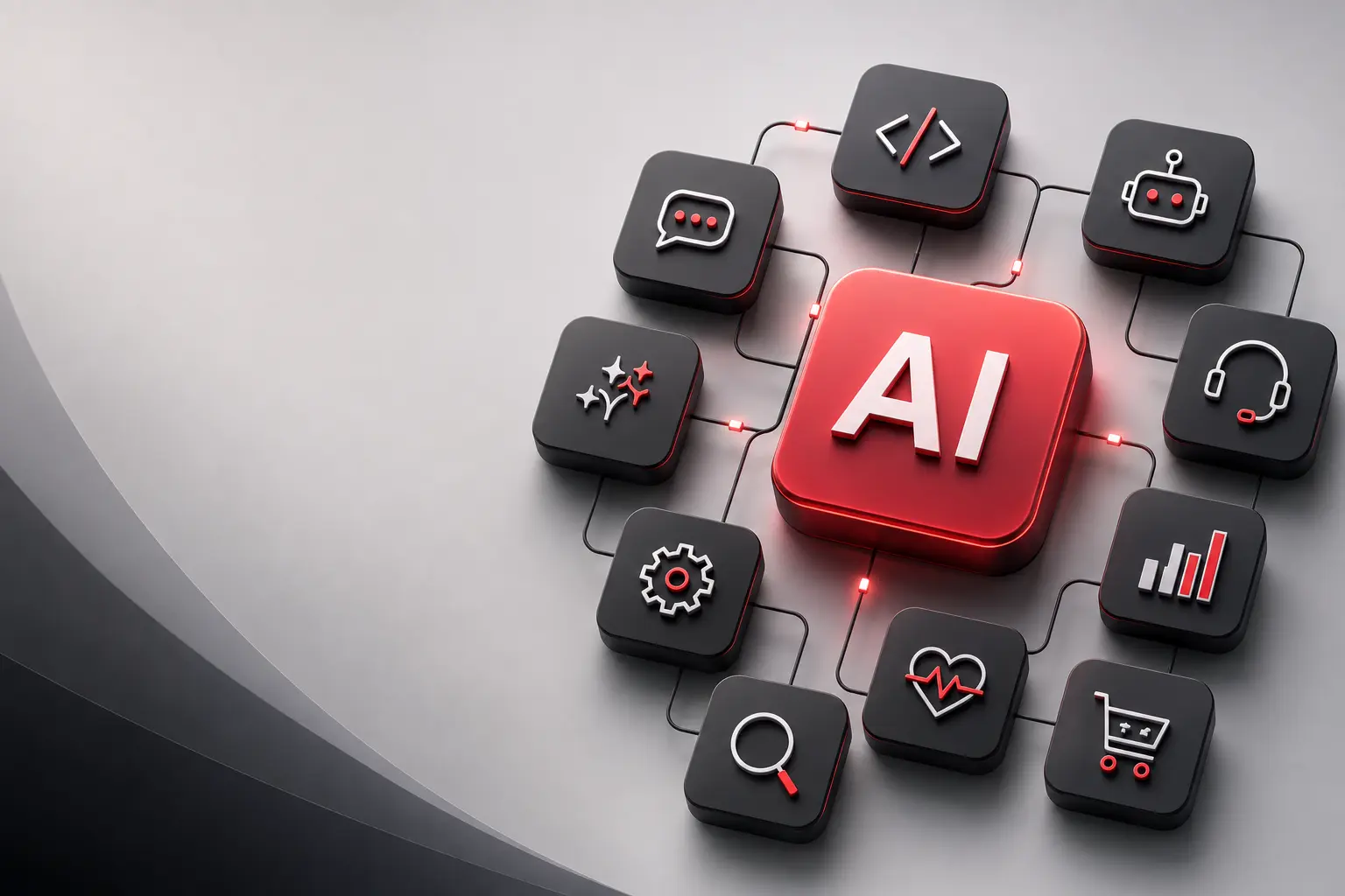 3D AI technology concept showing interconnected AI tools and business categories