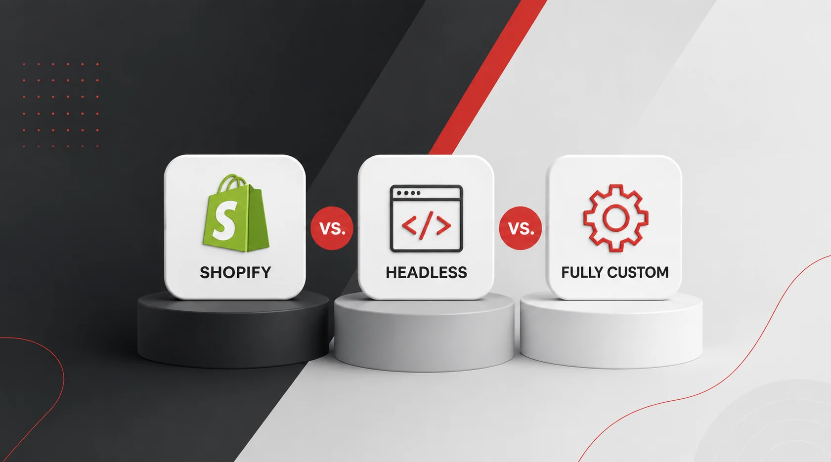 Shopify, Headless, and Fully Custom ecommerce platforms compared with three modern icons and “VS.” markers.