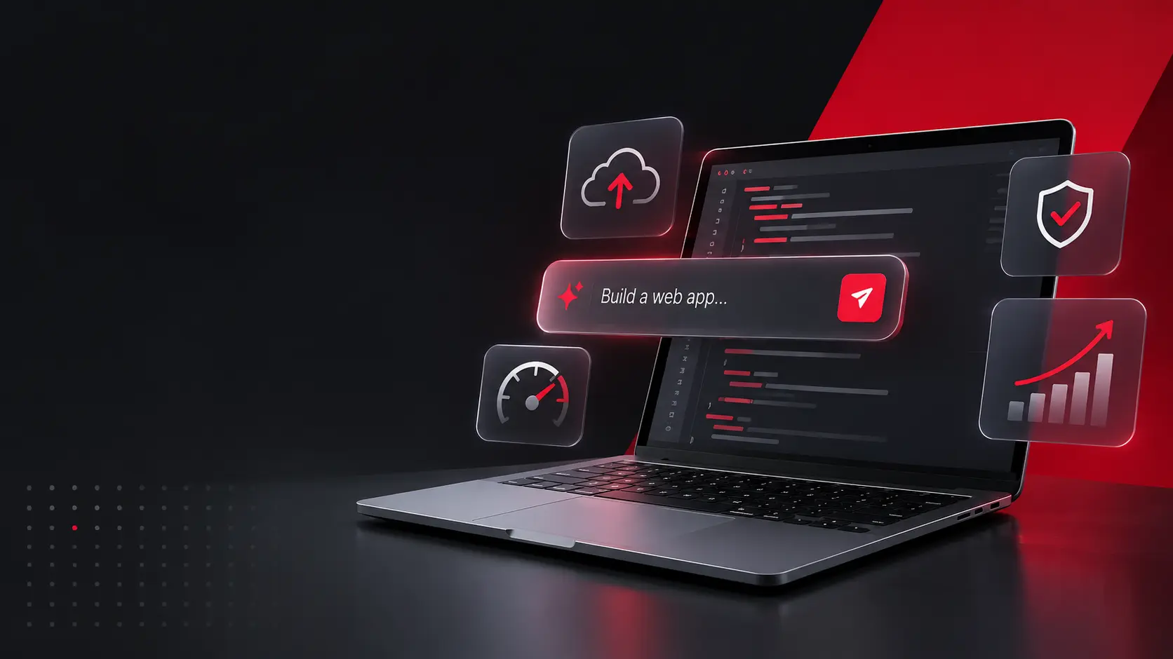 AI-assisted software development with a laptop showing code, surrounded by cloud deployment, performance, security, and analytics icons in a dark red-and-charcoal tech setting.