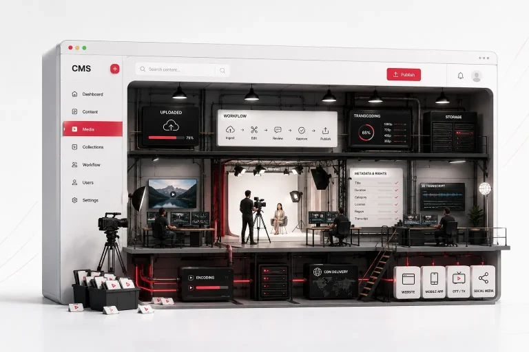 A modern CMS interface transformed into a video production studio, illustrating video workflows, transcoding, metadata management, CDN delivery, AI-powered search, and multi-channel content publishing across web, mobile, OTT, and social platforms.