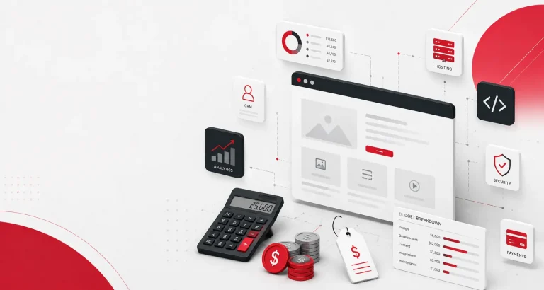 Minimal isometric illustration representing website development costs, featuring a modern browser interface connected to pricing elements such as a calculator, budget breakdown, analytics dashboard, hosting, security, payments, CRM, code, and stacked coins. Red and charcoal accents on a clean white background emphasize the different factors that influence website development costs.