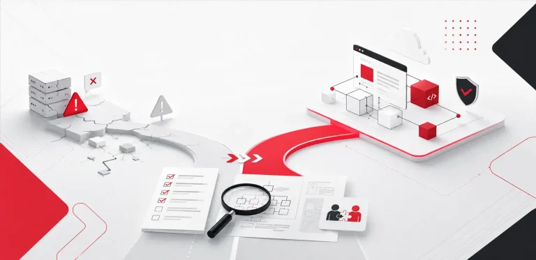 Illustration showing a decision path from a failing digital platform to a modern platform solution, with a checklist, architecture diagram, and magnifying glass representing platform partner evaluation and technology modernization.