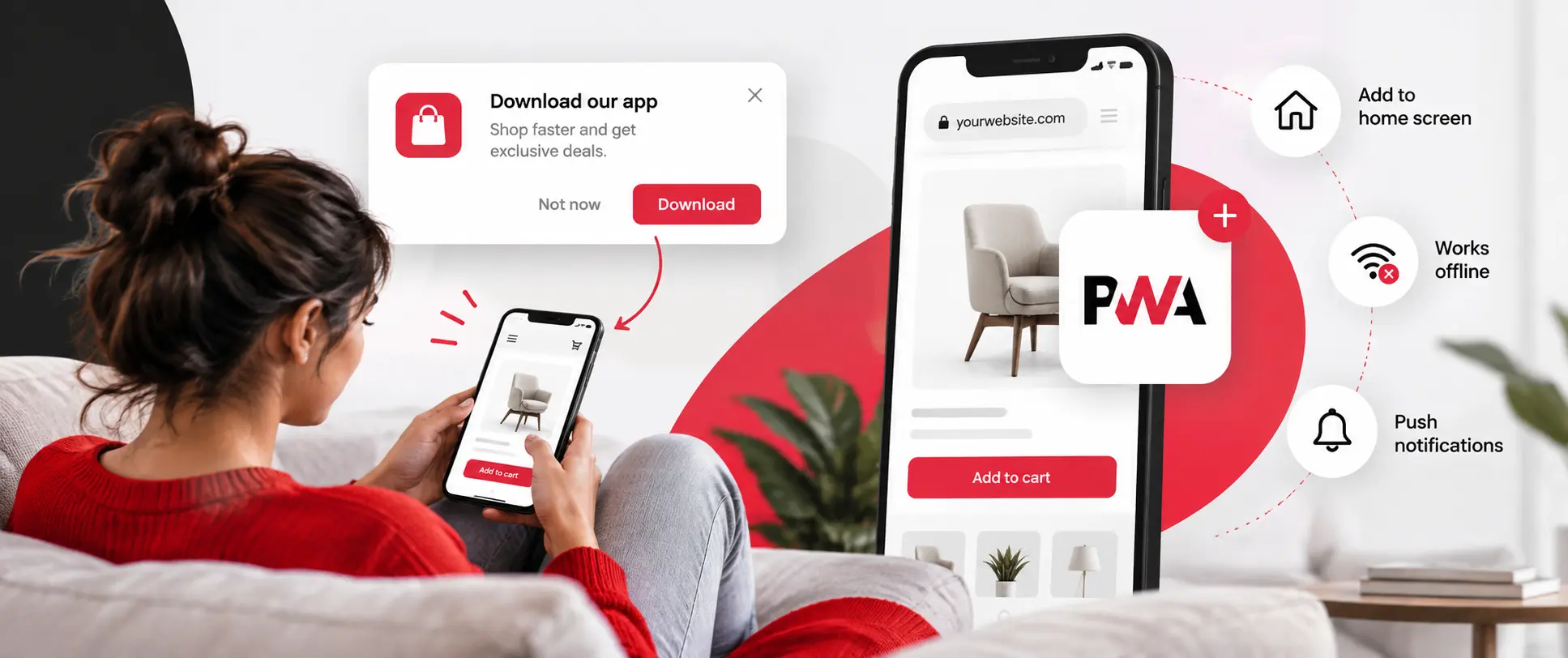 Woman shopping on a mobile website with a PWA interface showing home screen, offline access, and push notifications