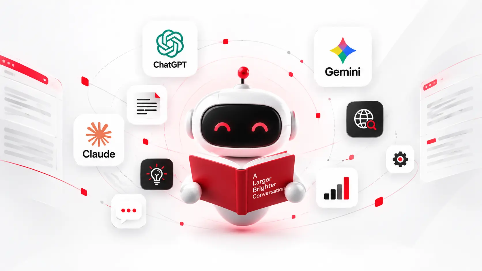 AI language model concept featuring a central robot surrounded by ChatGPT, Gemini, Claude, and digital technology icons on a white and red background.