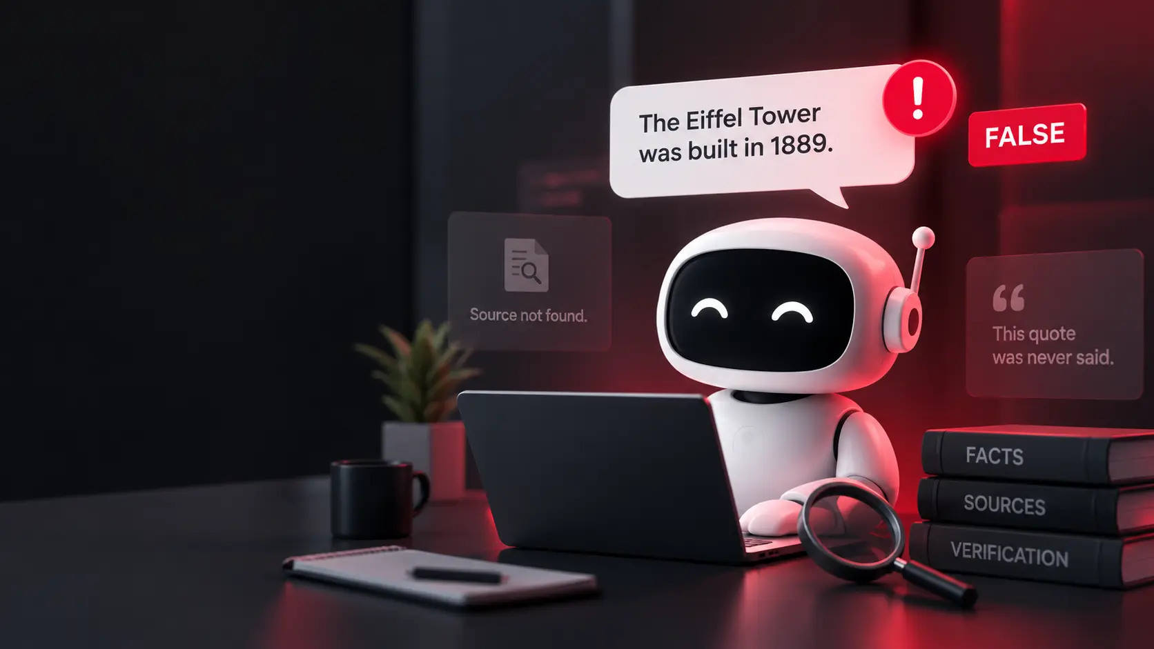 AI hallucination fact-checking concept showing a robot generating false information and missing sources.