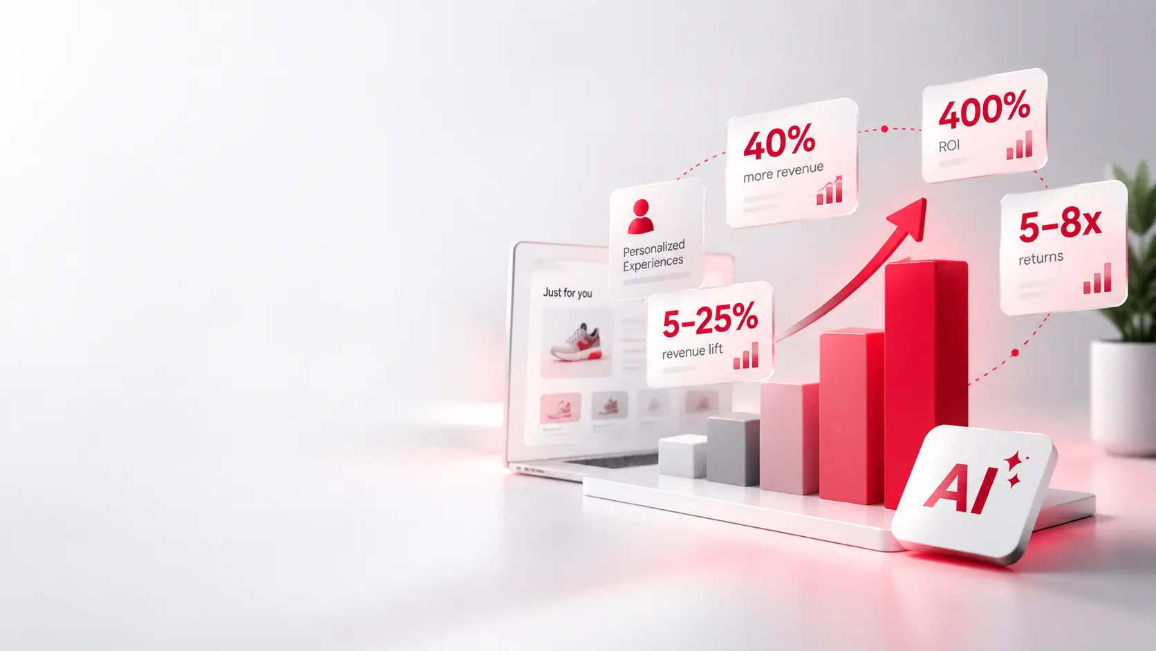 AI personalization ROI concept showing revenue lift, ROI, and returns metrics alongside an AI-powered analytics dashboard.