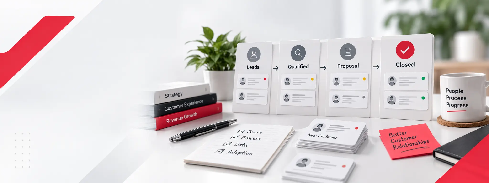CRM pipeline showing leads, qualified prospects, proposals, and closed deals on an office desk