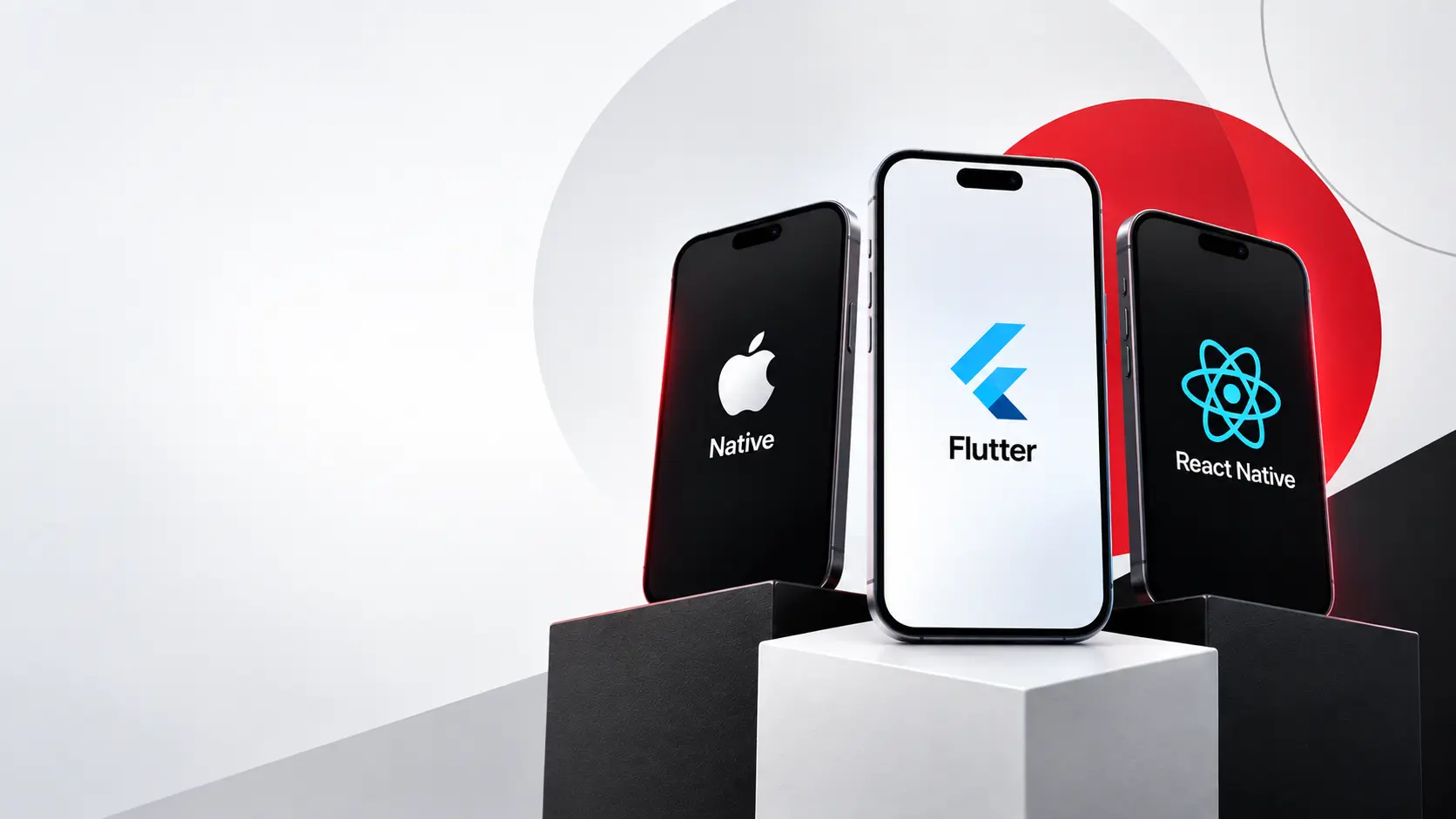 Three smartphones representing Native, Flutter, and React Native mobile app development approaches, displayed on geometric platforms with a red and white tech-inspired background.