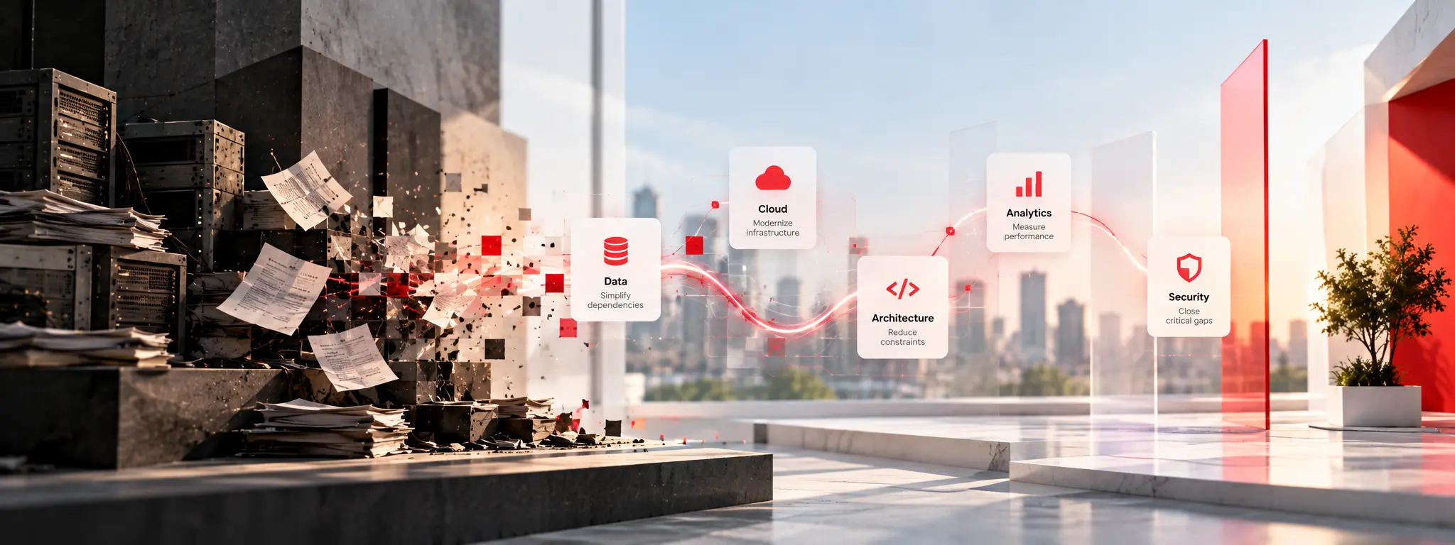 Legacy system modernization showing aging infrastructure transforming into a modern digital architecture