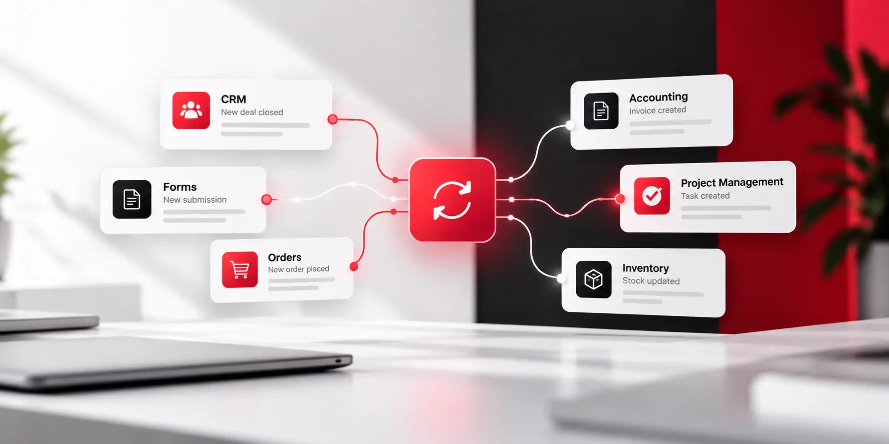 Automated business systems connected across CRM, forms, orders, accounting, inventory, and project management