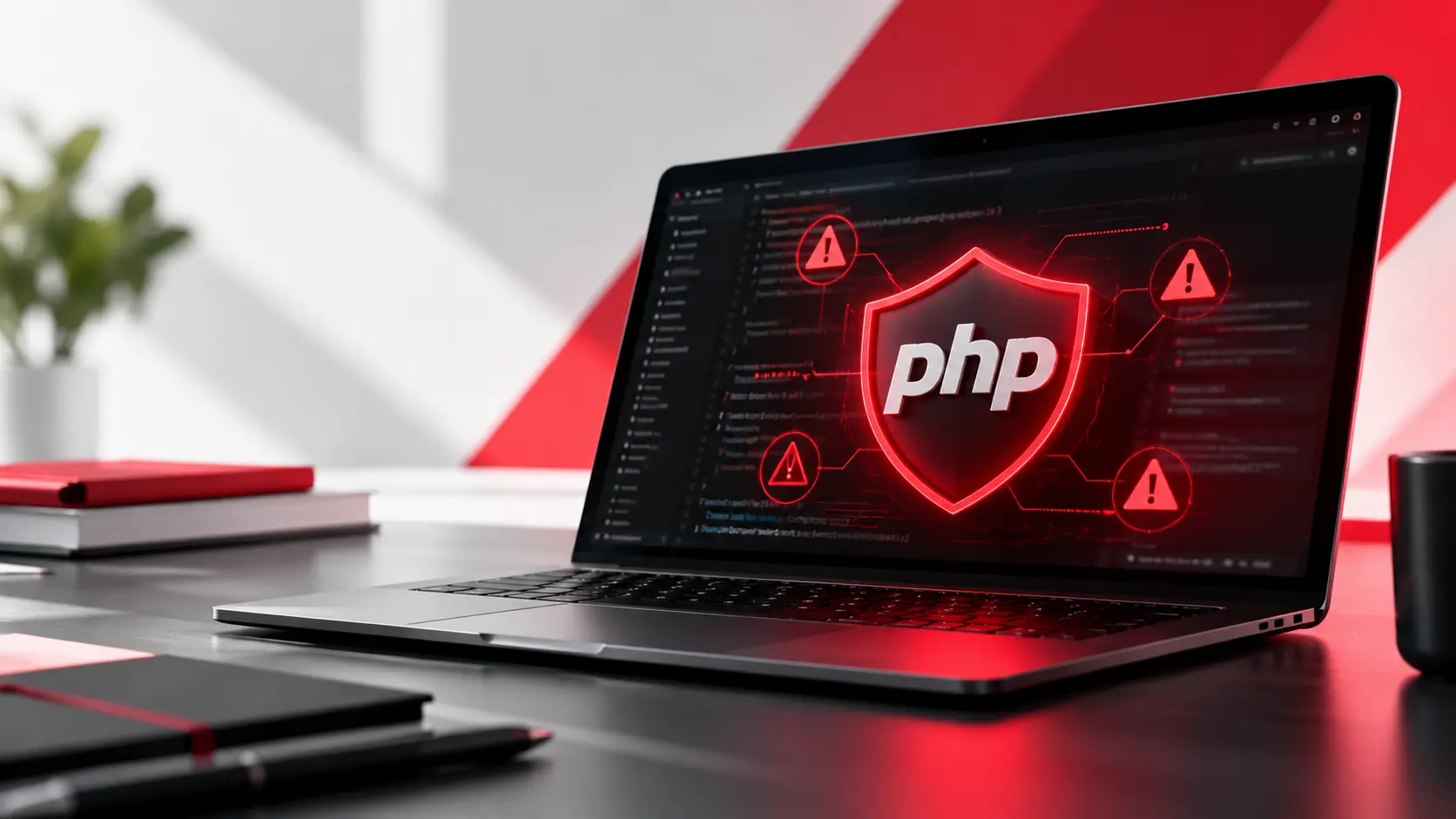 Laptop displaying a glowing red PHP security shield with warning icons and code, illustrating critical PHP vulnerabilities and cybersecurity risks.