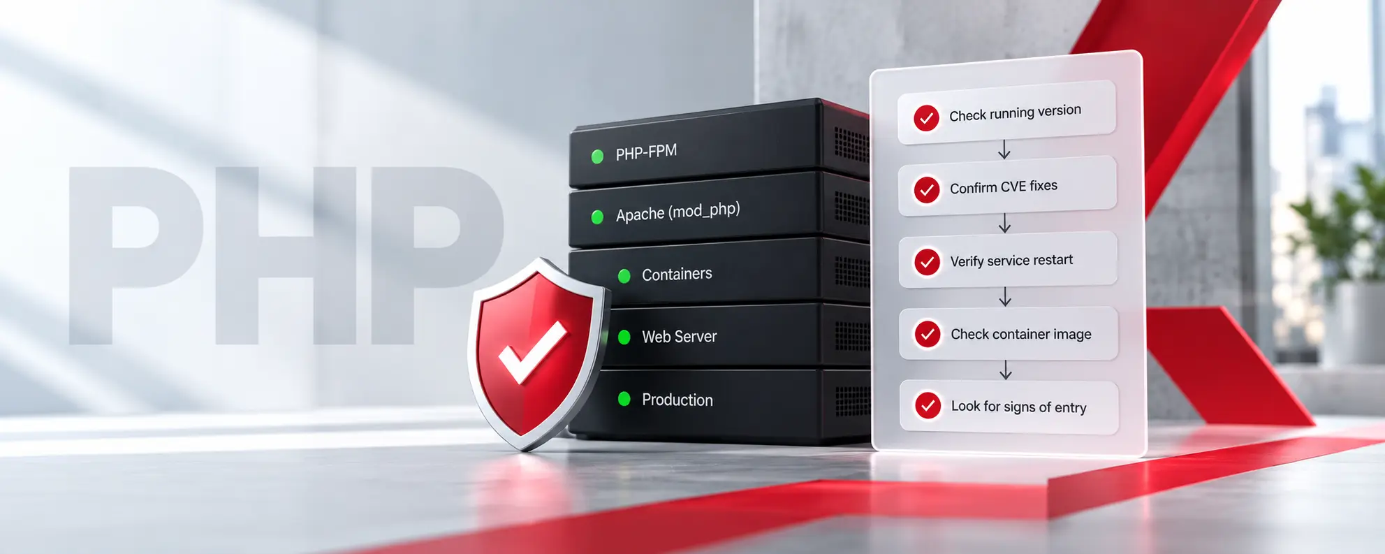 PHP2Shell patch verification concept featuring server infrastructure, a red security shield, and a checklist highlighting running PHP version checks, CVE fix confirmation, service restarts, container image verification, and intrusion detection.